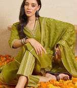 Green printed pure cotton kurta trouser dupatta set