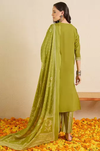 Green printed pure cotton kurta trouser dupatta set