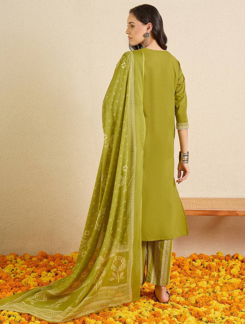 Green printed pure cotton kurta trouser dupatta set
