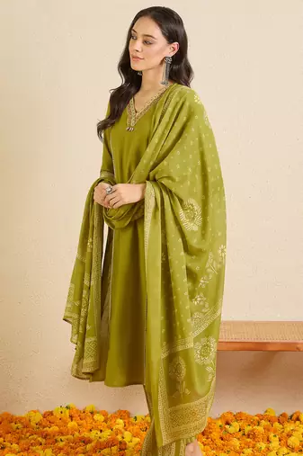 Green printed pure cotton kurta trouser dupatta set
