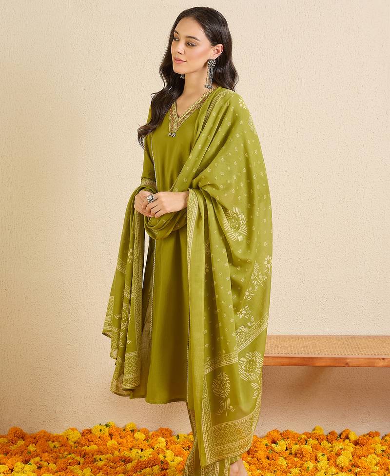 Green printed pure cotton kurta trouser dupatta set