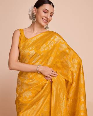 Yellow woven design embellished zari art silk kanjivaram saree 5