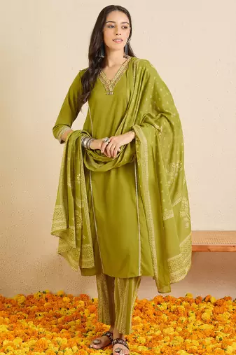 Green printed pure cotton kurta trouser dupatta set