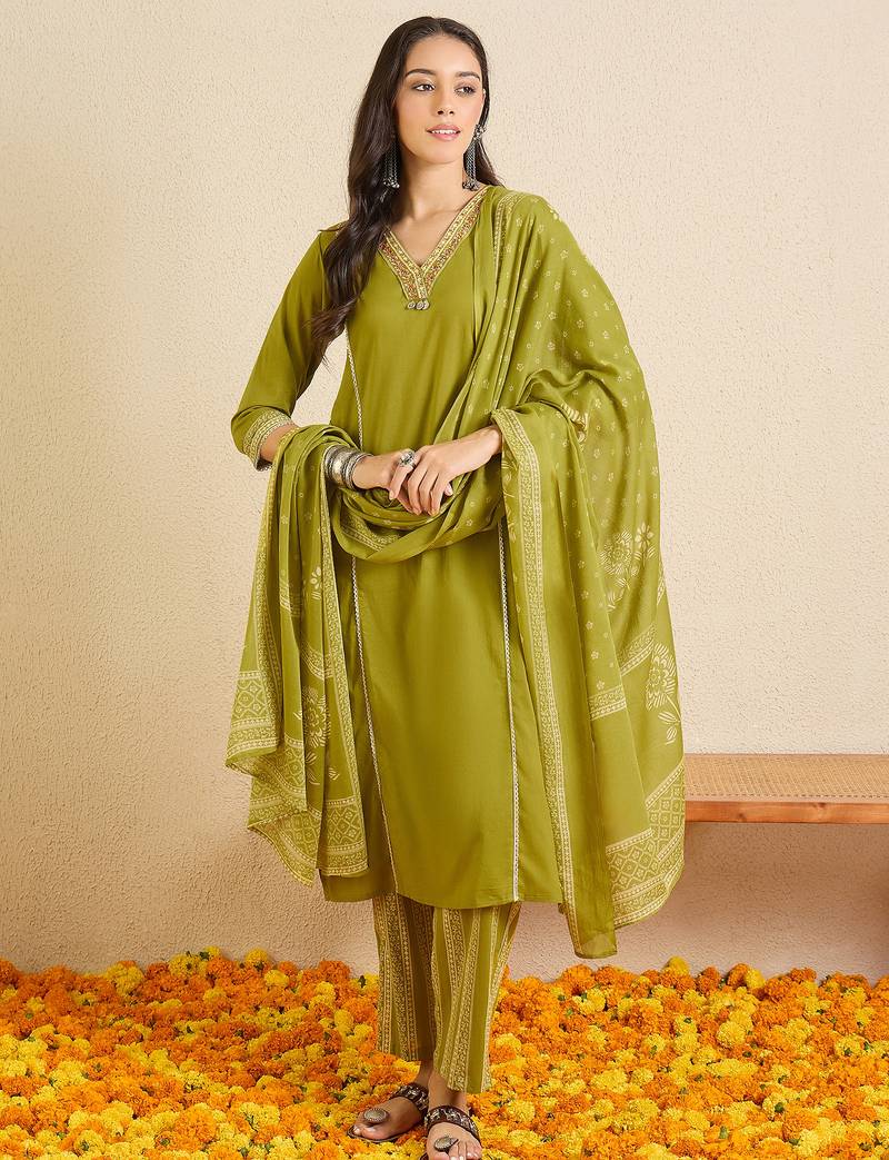 Green printed pure cotton kurta trouser dupatta set