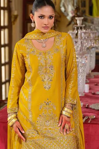 Yellow embroidered chinon kurta trouser dupatta set