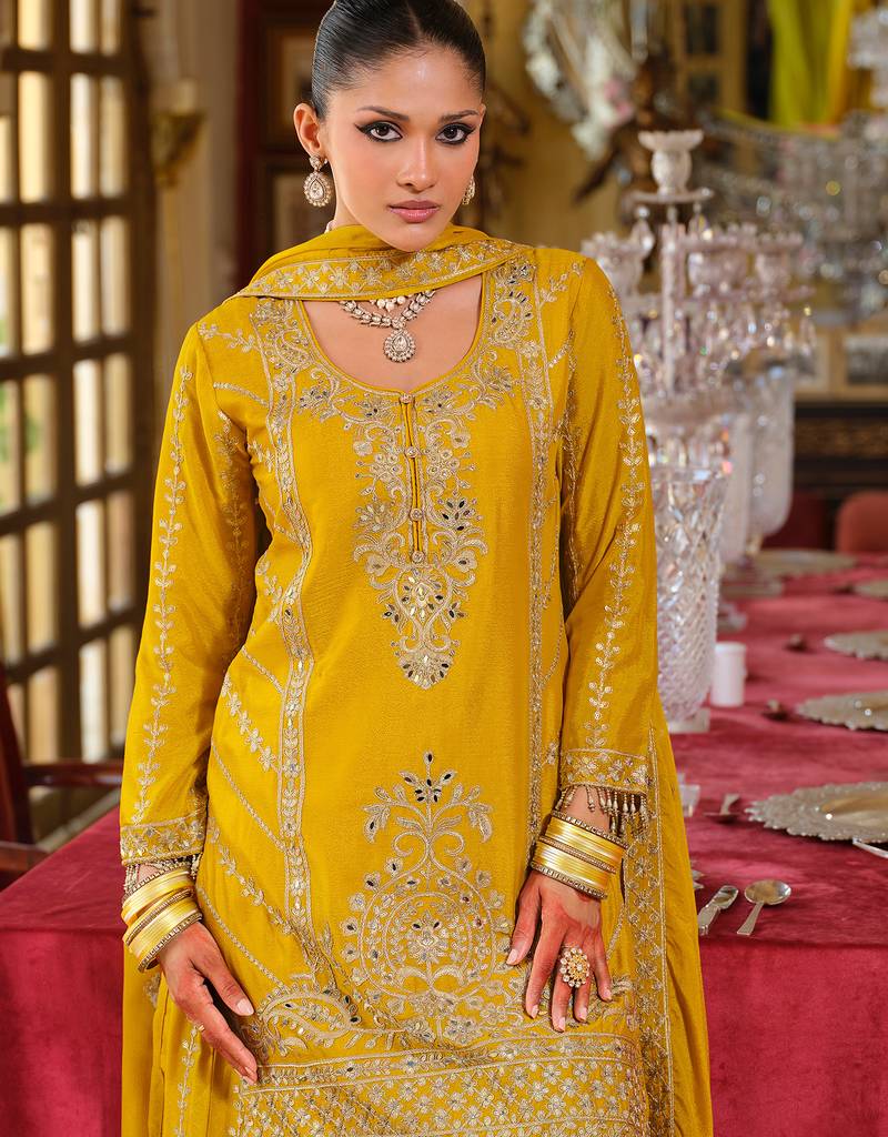 Yellow embroidered chinon kurta trouser dupatta set