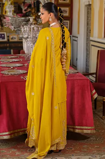 Yellow embroidered chinon kurta trouser dupatta set