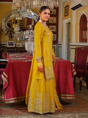 Yellow embroidered chinon kurta trouser dupatta set 3