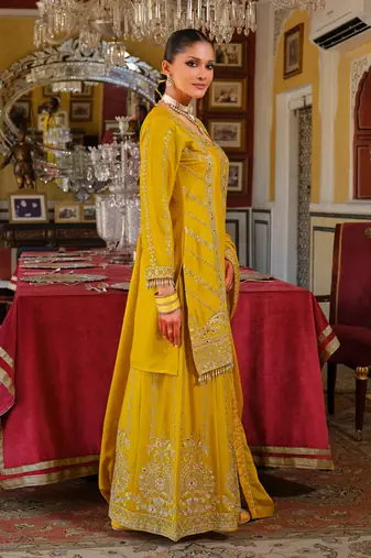 Yellow embroidered chinon kurta trouser dupatta set