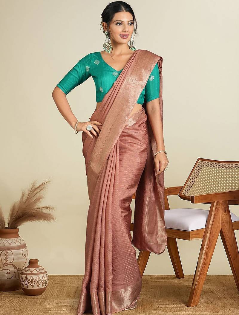 Brown striped woven design banarasi saree with unstitched blouse