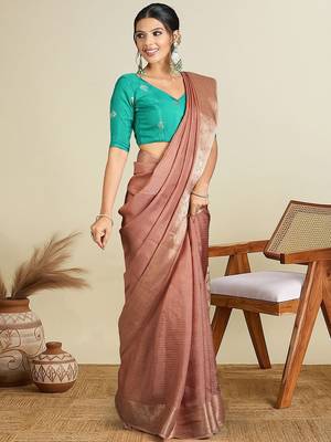 Brown striped woven design banarasi saree with unstitched blouse 2