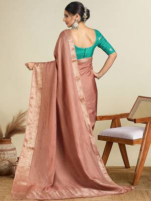 Brown striped woven design banarasi saree with unstitched blouse 3