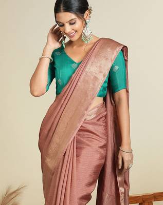Brown striped woven design banarasi saree with unstitched blouse 4