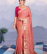 Peach ethnic woven design banarasi saree with matching blouse piece