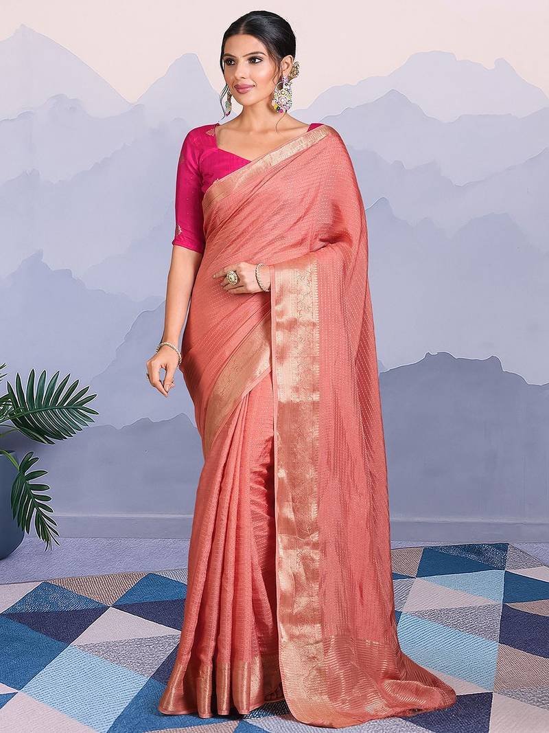 Peach ethnic woven design banarasi saree with matching blouse piece