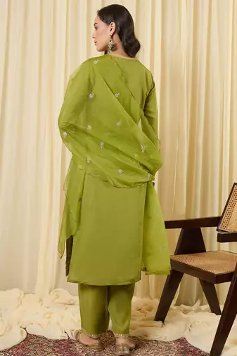 Green embroidered silk blend kurta trouser dupatta set