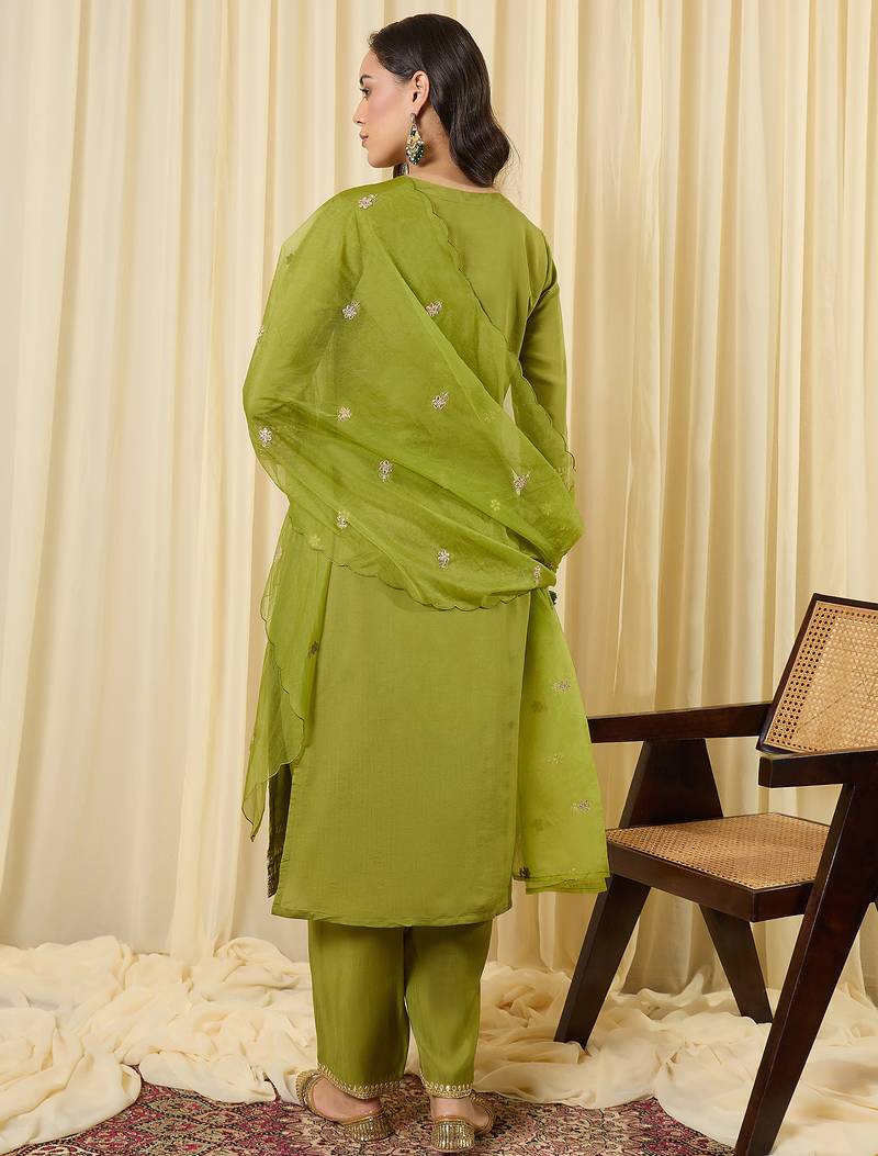 Green embroidered silk blend kurta trouser dupatta set