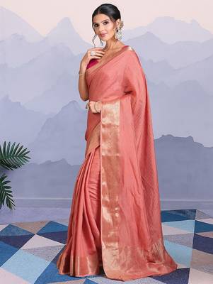 Peach ethnic woven design banarasi saree with matching blouse piece 2