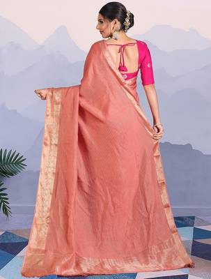 Peach ethnic woven design banarasi saree with matching blouse piece 3