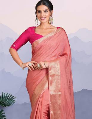 Peach ethnic woven design banarasi saree with matching blouse piece 4