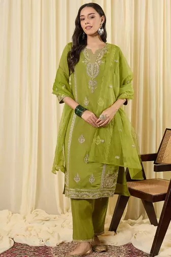 Green embroidered silk blend kurta trouser dupatta set