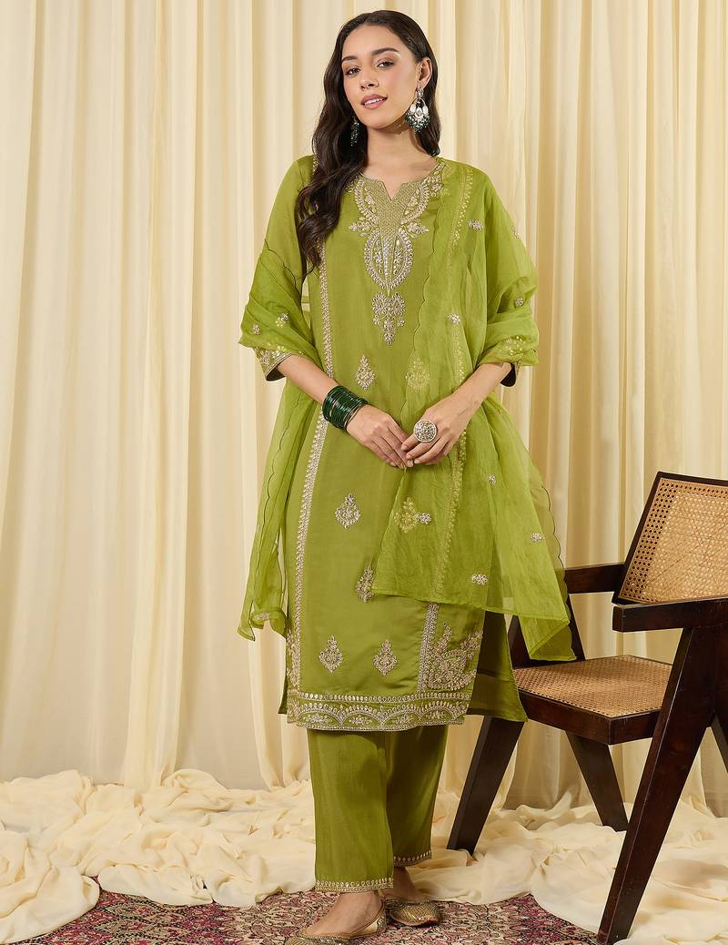 Green embroidered silk blend kurta trouser dupatta set