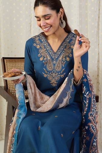 Blue embroidered viscose rayon kurta trouser dupatta set