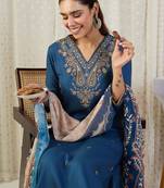 Blue embroidered viscose rayon kurta trouser dupatta set