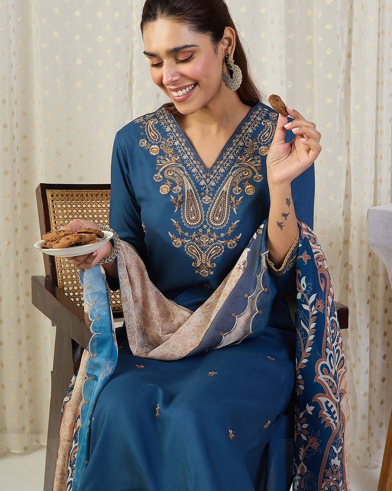 Blue embroidered viscose rayon kurta trouser dupatta set