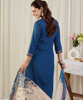 Blue embroidered viscose rayon kurta trouser dupatta set 2