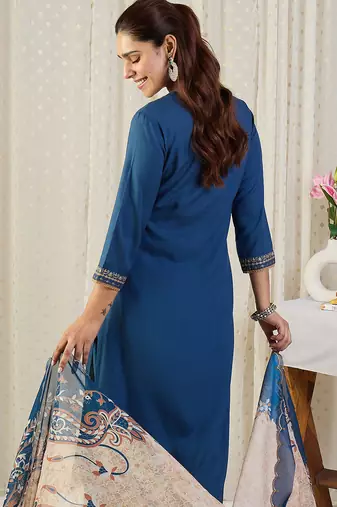 Blue embroidered viscose rayon kurta trouser dupatta set
