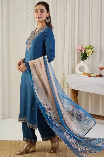 Blue embroidered viscose rayon kurta trouser dupatta set