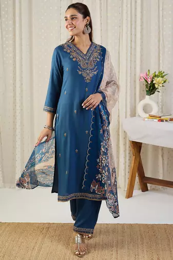 Blue embroidered viscose rayon kurta trouser dupatta set