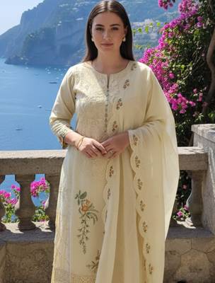 Beige embroidered pure cotton kurta trouser dupatta set 1