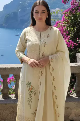 Beige embroidered pure cotton kurta trouser dupatta set