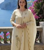 Beige embroidered pure cotton kurta trouser dupatta set