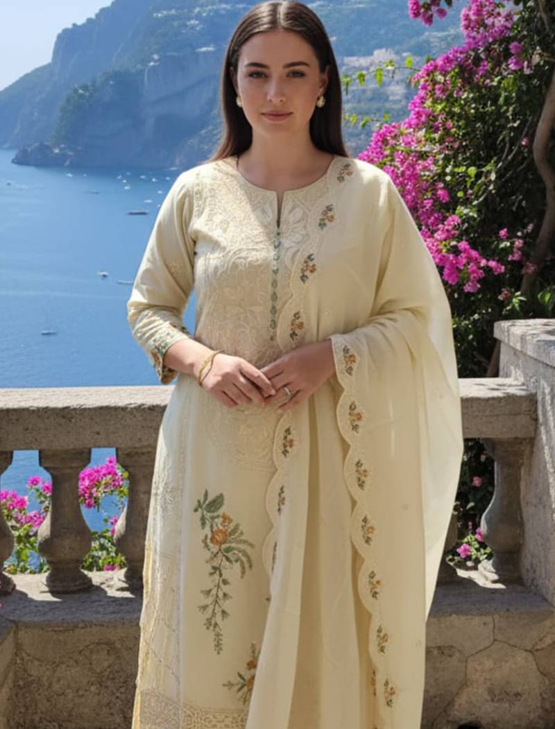 Beige embroidered pure cotton kurta trouser dupatta set