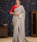 Grey ethnic woven design banarasi saree with unstitched blouse