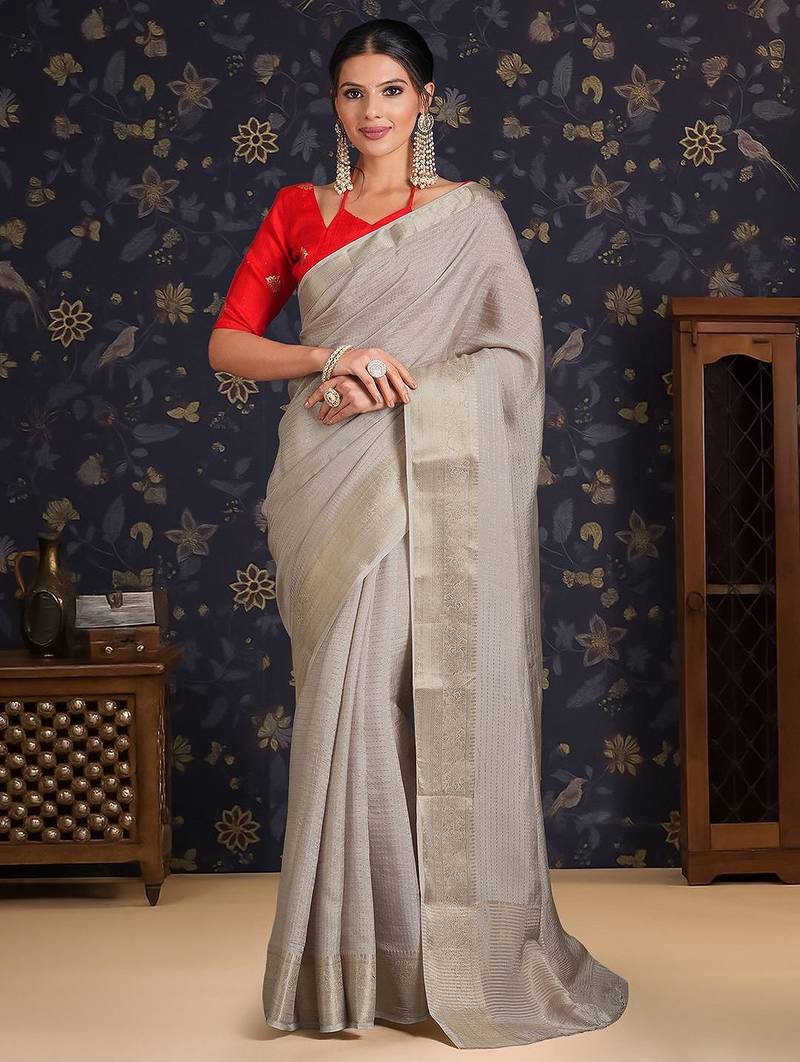 Grey ethnic woven design banarasi saree with unstitched blouse
