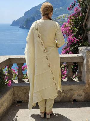 Beige embroidered pure cotton kurta trouser dupatta set 2