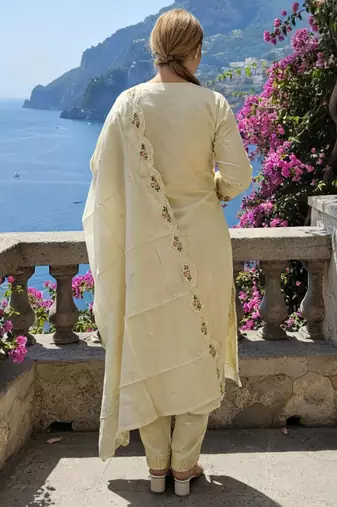 Beige embroidered pure cotton kurta trouser dupatta set