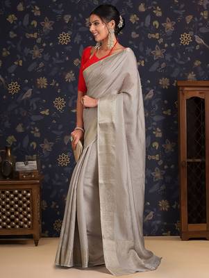 Grey ethnic woven design banarasi saree with unstitched blouse 2