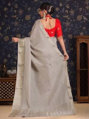 Grey ethnic woven design banarasi saree with unstitched blouse 3