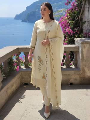 Beige embroidered pure cotton kurta trouser dupatta set 3