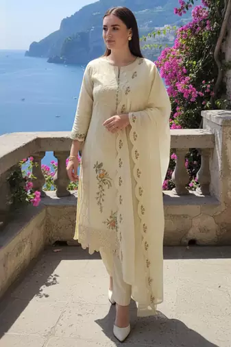 Beige embroidered pure cotton kurta trouser dupatta set