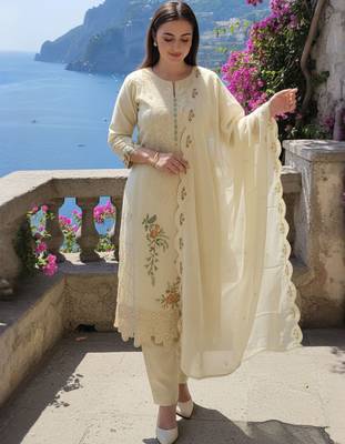 Beige embroidered pure cotton kurta trouser dupatta set 4