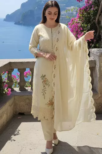 Beige embroidered pure cotton kurta trouser dupatta set