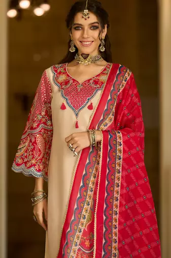 Cream embroidered silk blend kurta trouser dupatta set