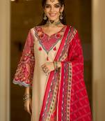 Cream embroidered silk blend kurta trouser dupatta set