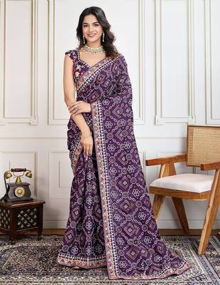 Purple panetar bandhani printed with embroidered saree with unstitched blouse 1